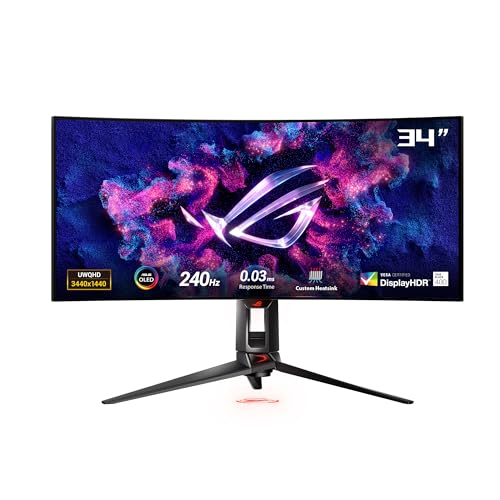 ASUS ROG Swift 34” OLED Ultrawide 800R Curved Gaming Monitor (PG34WCDM) – 21:9 (3440 x 1440), 240Hz, 0.03ms, G-SYNC Compatible, Custom Heatsink, Uniform Brightness, Smart KVM, USB-C 90W PD, 1300nits