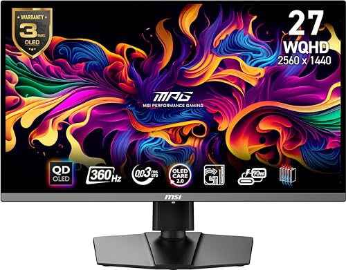 MSI MPG 271QRX QD-OLED, 27 OLED Gaming Monitor, 2560 x 1440 (QHD), OLED 0.03ms Response time, 360Hz, True Black HDR 400, HDMI, DP Port, USB Type C, Tilt, Height