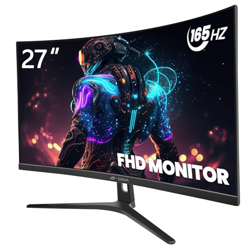 CRUA 27Inch 144Hz/165Hz Curved Gaming Monitor, FHD 1080P VA Screen 1800R Curvature Computer Monitors, 1ms(GTG) with FreeSync, Support Wall Mount Install(DisplayPort | HDMI)- Black