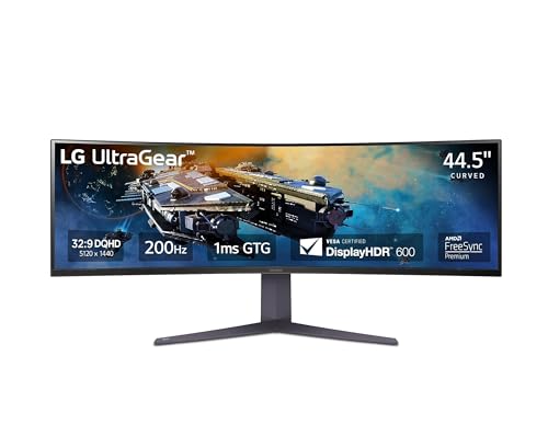 LG 45GR65DC-B 45-inch Ultragear Curved Gaming Monitor, QHD, 200Hz, 1ms, UltraWide Display, 32:9, AMD FreeSync Premium Pro, VESA DisplayHDR 600, HDMI 2.1 x2, DP, UBS x3, Tilt/Height/Swivel Stand Black