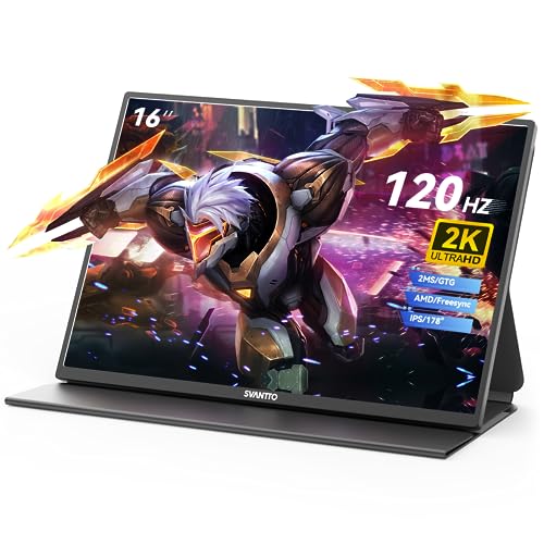 SVANTTO 16” 2K Portable Gaming Monitor, 120Hz 2ms Professional Esports Portable Monitor for Laptop with FreeSync, Plug and Play, w/Smart Cover & Speakers, Lightweight Travel Monitor