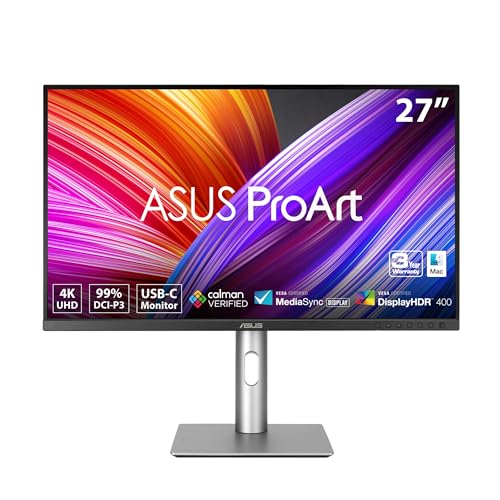 ASUS ProArt Display 27” 4K HDR Professional Monitor (PA279CRV) - IPS, UHD (3840 x 2160), 99% DCI-P3/Adobe RGB, ΔE < 2, Calman Verified, USB-C PD 96W, DisplayPort, Daisy-Chain, Height Adjustable